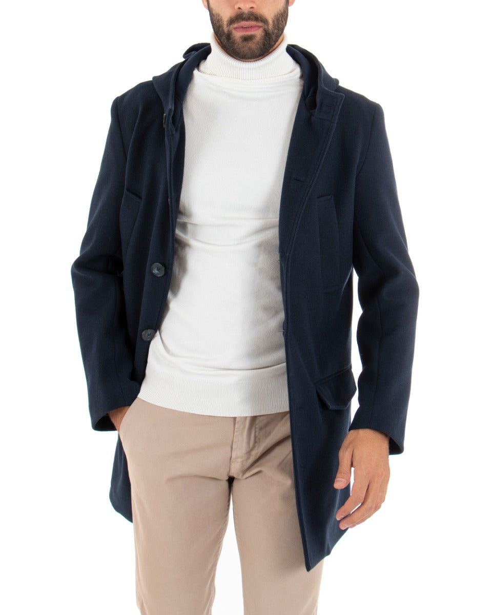 Cappotto Monopetto Uomo Giacca Giaccone Con Cappuccio Blu Baronetto Elegante GIOSAL-G2709A