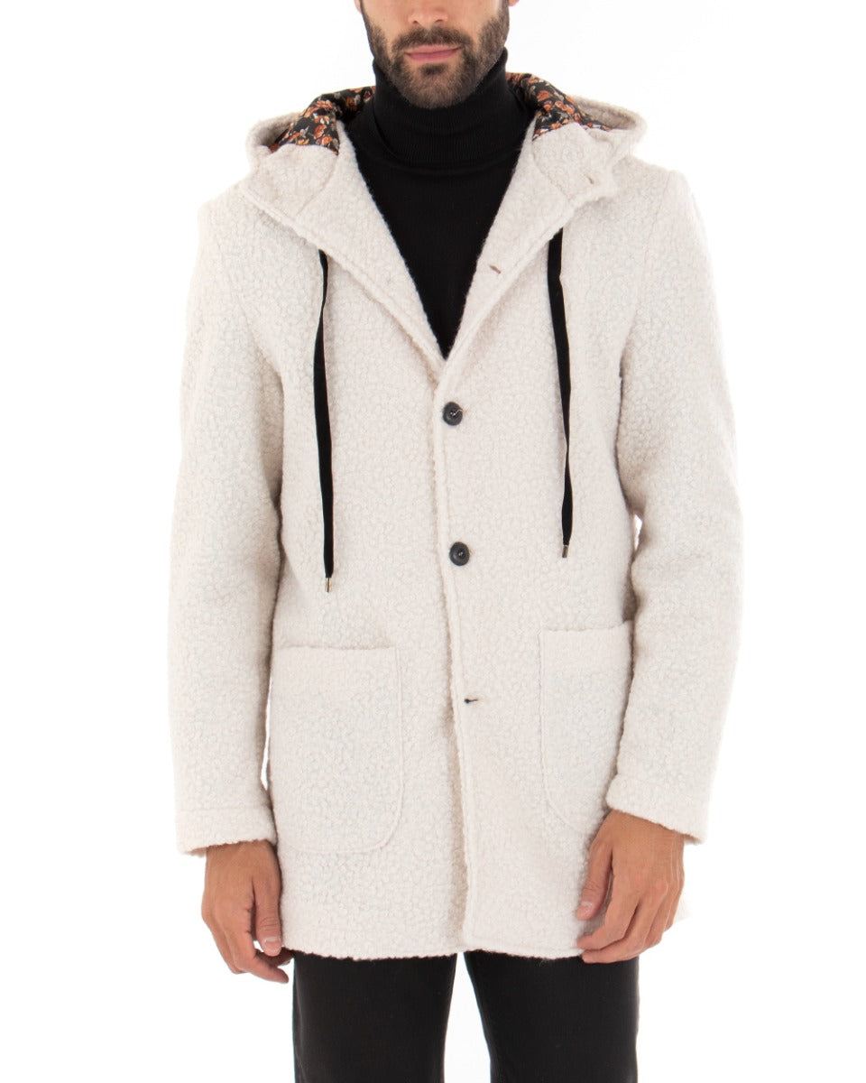 Cappotto Monopetto Uomo Giacca Giaccone Con Cappuccio Pelliccia Teddy Panna Baronetto Elegante GIOSAL-G2711A