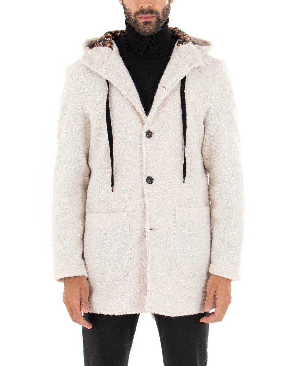 Cappotto Monopetto Uomo Giacca Giaccone Con Cappuccio Pelliccia Teddy Panna Baronetto Elegante GIOSAL-G2711A