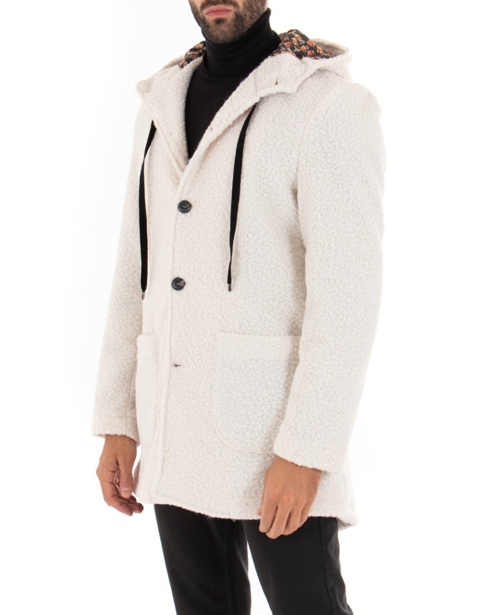Cappotto Monopetto Uomo Giacca Giaccone Con Cappuccio Pelliccia Teddy Panna Baronetto Elegante GIOSAL-G2711A