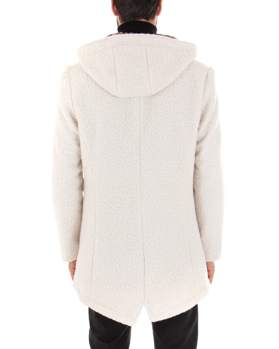 Cappotto Monopetto Uomo Giacca Giaccone Con Cappuccio Pelliccia Teddy Panna Baronetto Elegante GIOSAL-G2711A