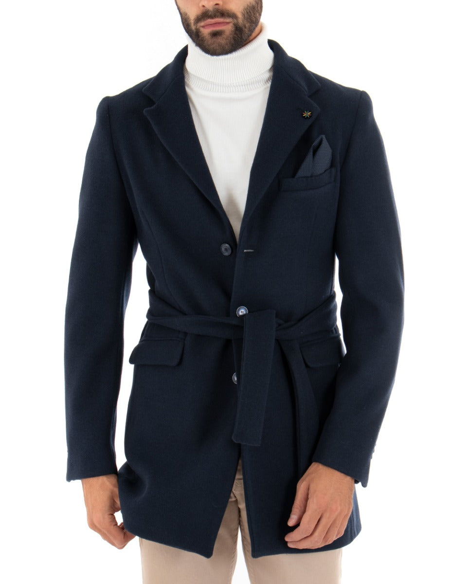 Cappotto Monopetto Uomo Giacca Giaccone Con Cintura Blu Baronetto Elegante GIOSAL-G2714A
