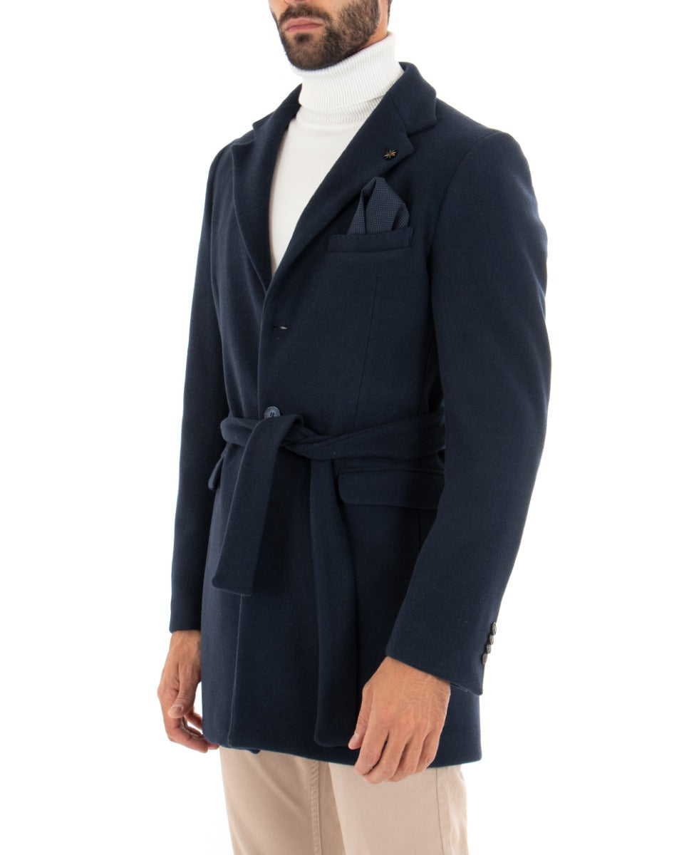 Cappotto Monopetto Uomo Giacca Giaccone Con Cintura Blu Baronetto Elegante GIOSAL-G2714A