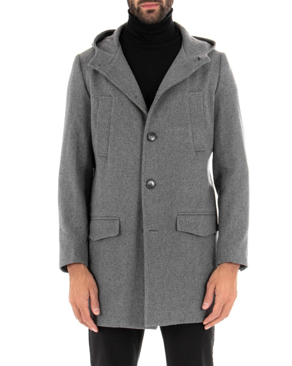 Cappotto Monopetto Uomo Giacca Giaccone Con Cappuccio Grigio Baronetto Elegante GIOSAL-G2722A