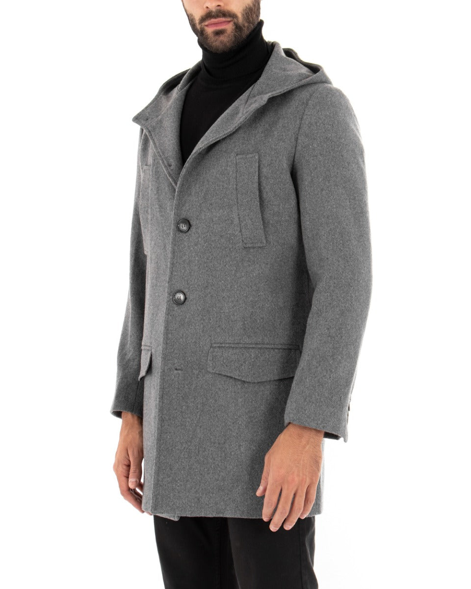 Cappotto Monopetto Uomo Giacca Giaccone Con Cappuccio Grigio Baronetto Elegante GIOSAL-G2722A