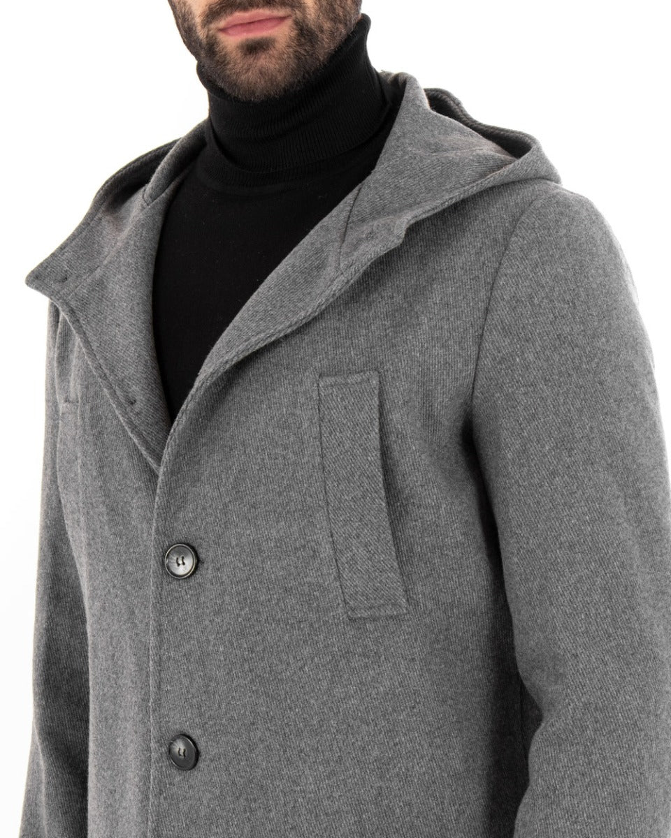 Cappotto Monopetto Uomo Giacca Giaccone Con Cappuccio Grigio Baronetto Elegante GIOSAL-G2722A