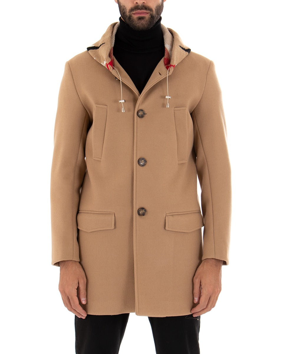 Cappotto Monopetto Uomo Giacca Giaccone Con Cappuccio In Lana Camel Baronetto Elegante GIOSAL-G2724A
