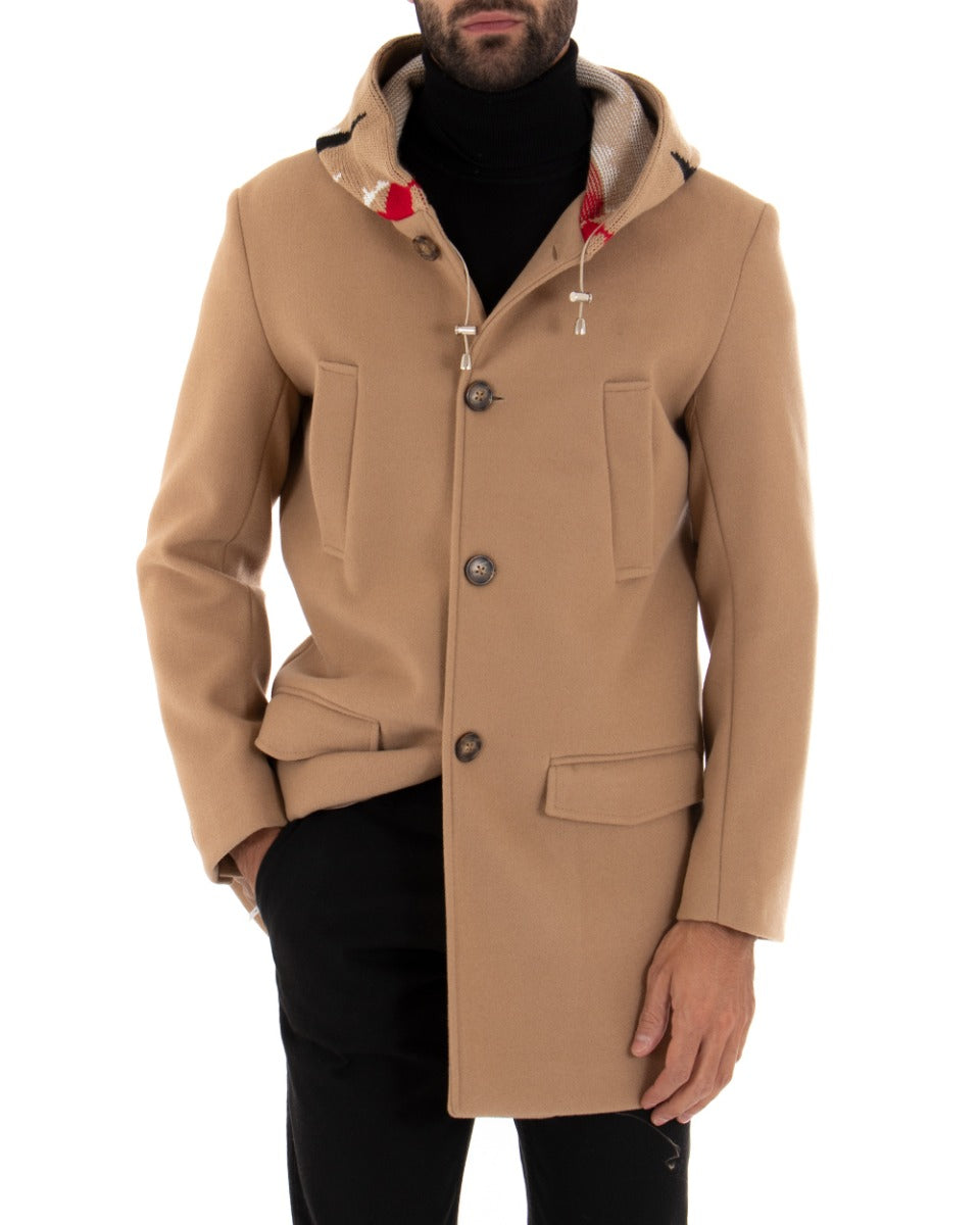 Cappotto Monopetto Uomo Giacca Giaccone Con Cappuccio In Lana Camel Baronetto Elegante GIOSAL-G2724A