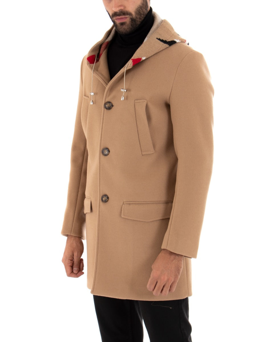 Cappotto Monopetto Uomo Giacca Giaccone Con Cappuccio In Lana Camel Baronetto Elegante GIOSAL-G2724A