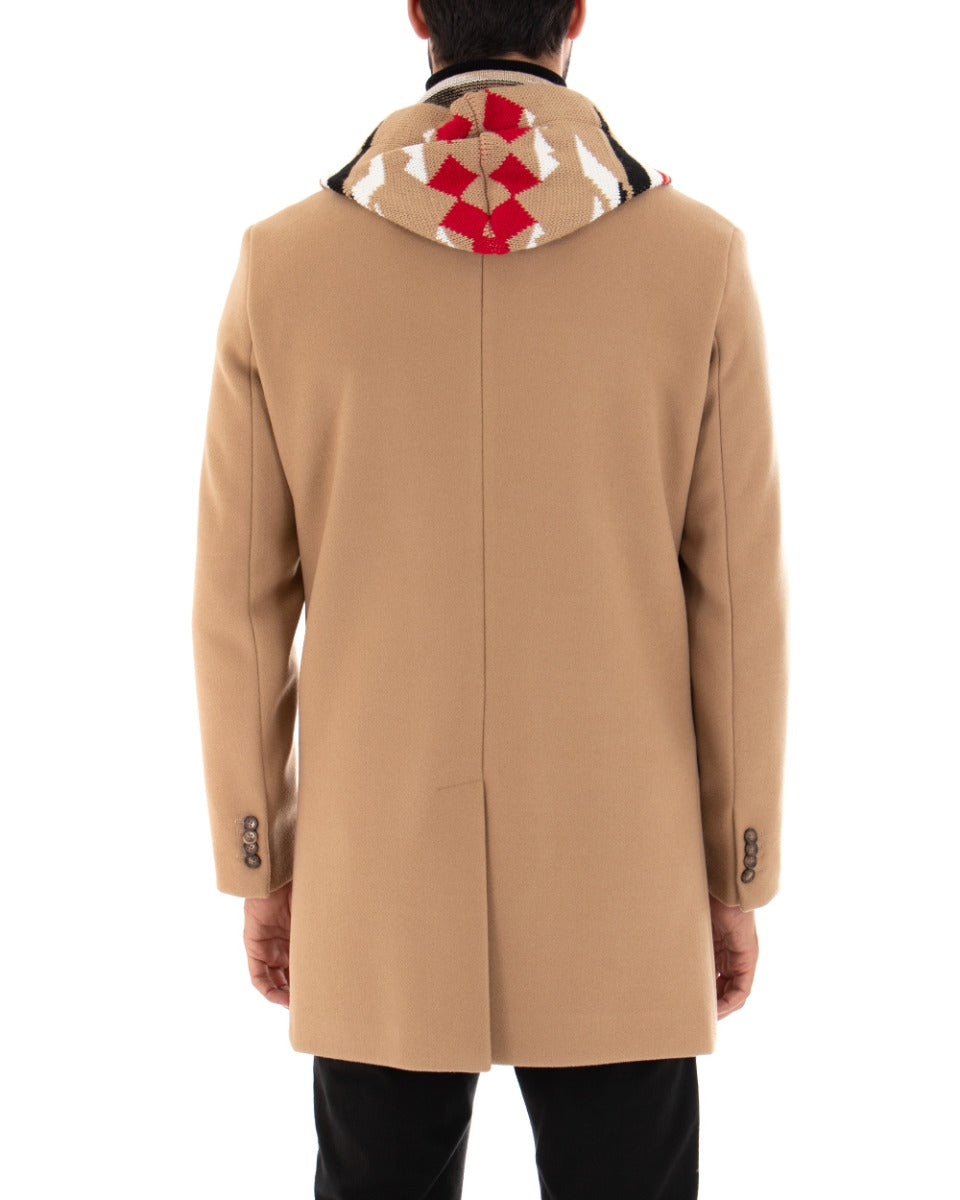 Cappotto Monopetto Uomo Giacca Giaccone Con Cappuccio In Lana Camel Baronetto Elegante GIOSAL-G2724A