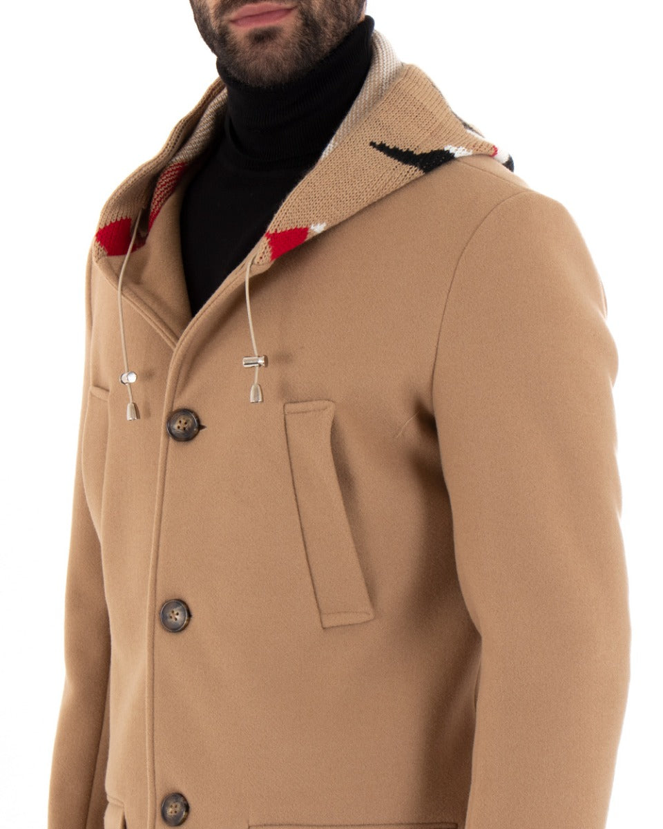 Cappotto Monopetto Uomo Giacca Giaccone Con Cappuccio In Lana Camel Baronetto Elegante GIOSAL-G2724A