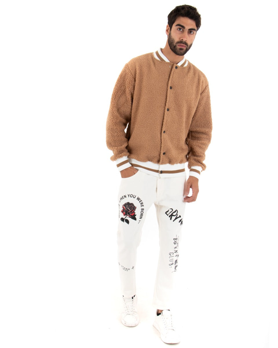 Giubbotto Uomo Giacca College Teddy Bicolore Camel Casual GIOSAL-G2740A