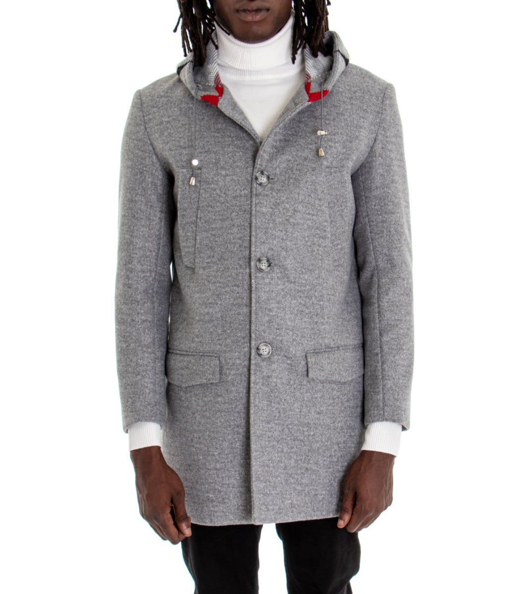 Cappotto Monopetto Uomo Giacca Giaccone Con Cappuccio In Lana Grigio Chiaro Baronetto Elegante GIOSAL-G2769A