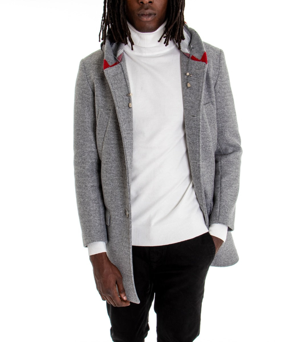 Cappotto Monopetto Uomo Giacca Giaccone Con Cappuccio In Lana Grigio Chiaro Baronetto Elegante GIOSAL-G2769A