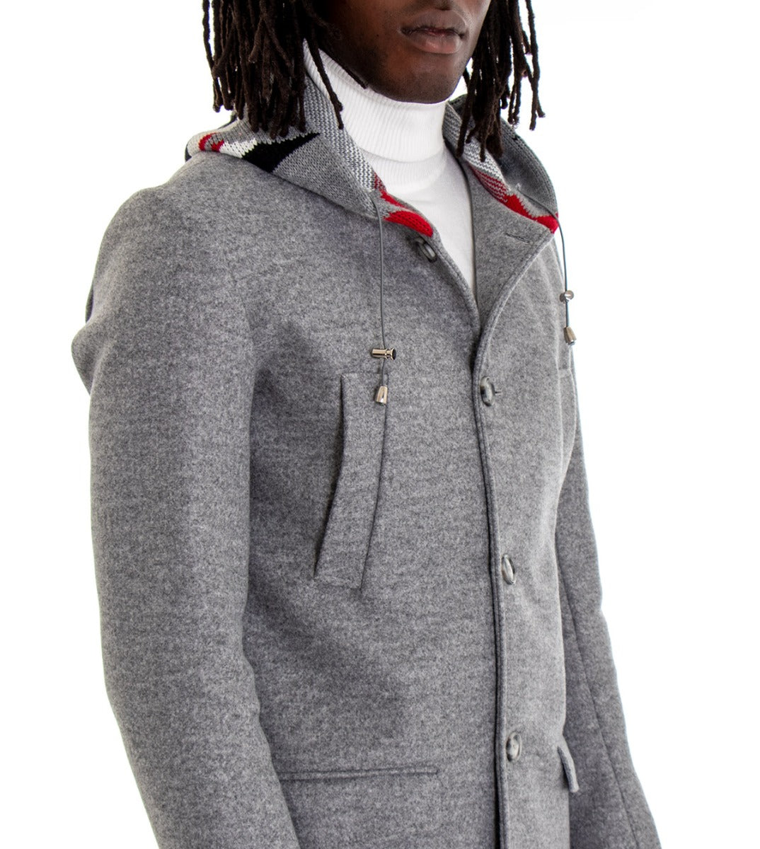 Cappotto Monopetto Uomo Giacca Giaccone Con Cappuccio In Lana Grigio Chiaro Baronetto Elegante GIOSAL-G2769A