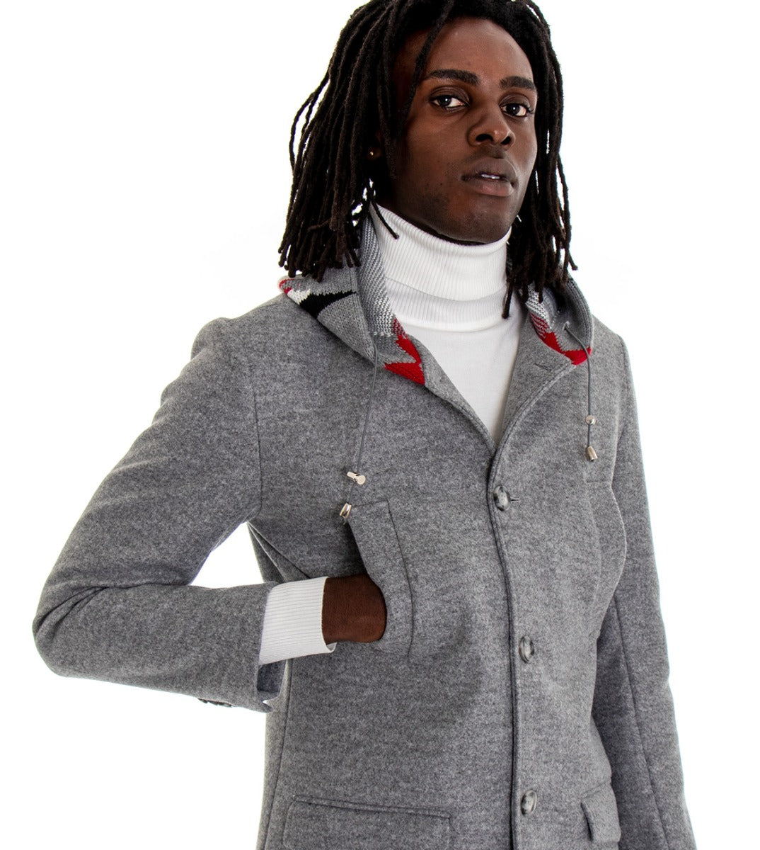 Cappotto Monopetto Uomo Giacca Giaccone Con Cappuccio In Lana Grigio Chiaro Baronetto Elegante GIOSAL-G2769A