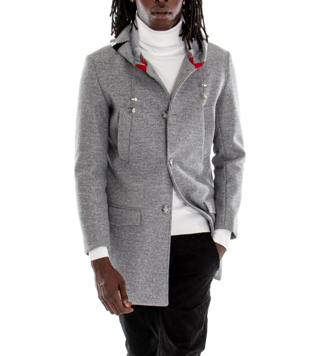 Cappotto Monopetto Uomo Giacca Giaccone Con Cappuccio In Lana Grigio Chiaro Baronetto Elegante GIOSAL-G2769A