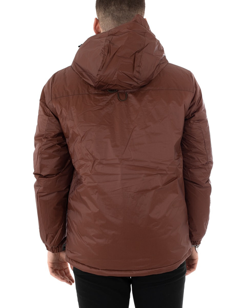 Giubbotto Uomo Tinta Unita Marrone Giacca Cappuccio Casual Zip GIOSAL-G2787A