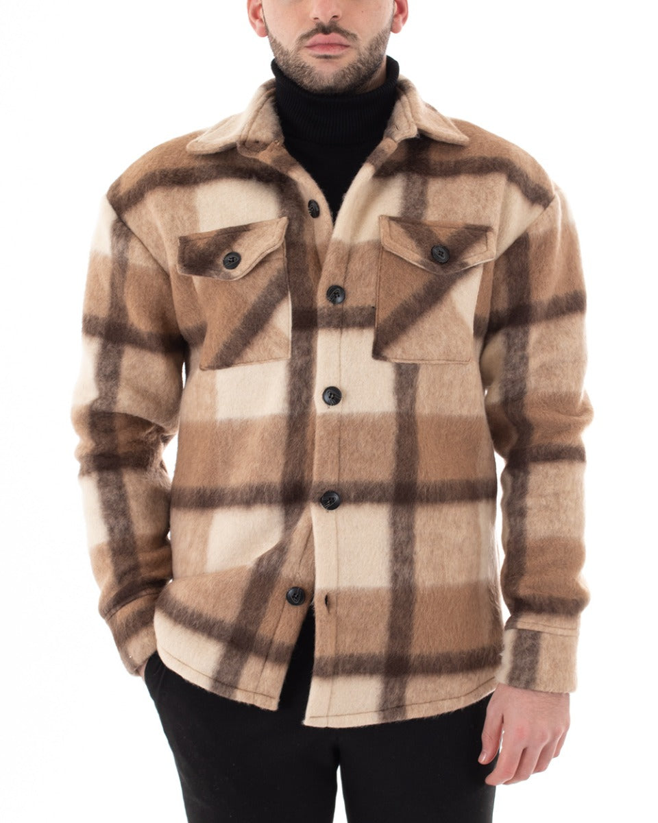 Giubbotto Uomo Camicia Camicione Con Colletto Fantasia Quadri Camel Casual GIOSAL-G2797A