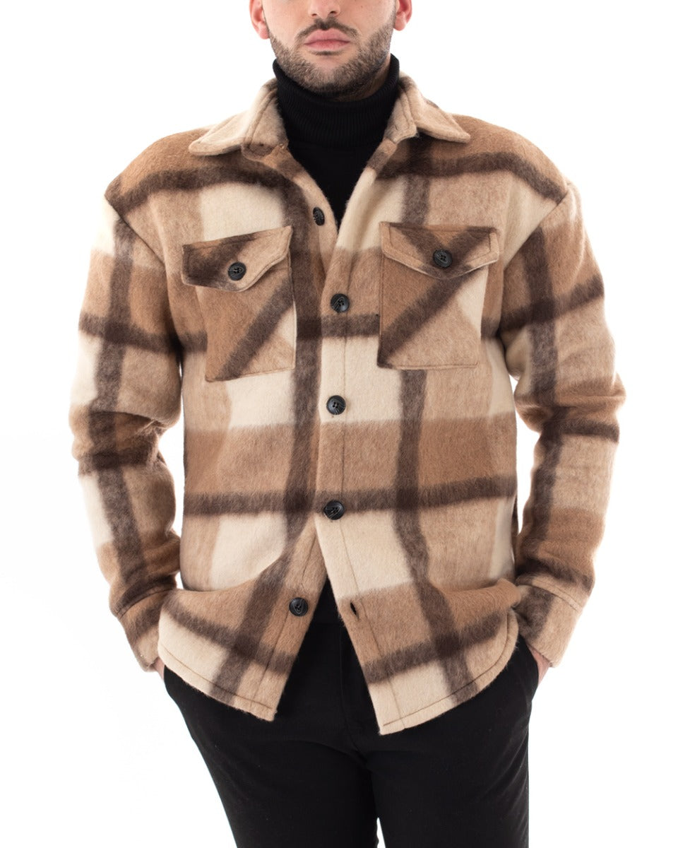 Giubbotto Uomo Camicia Camicione Con Colletto Fantasia Quadri Camel Casual GIOSAL-G2797A
