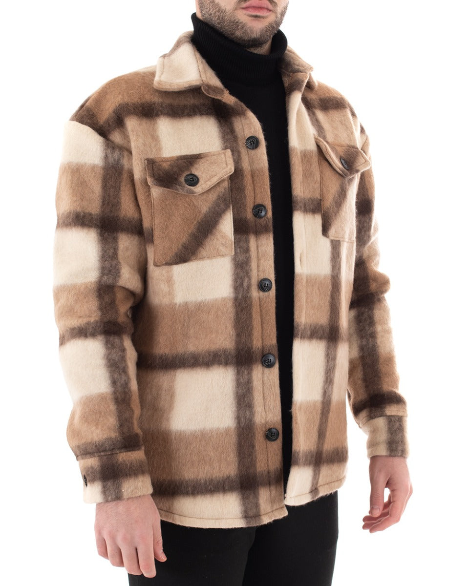 Giubbotto Uomo Camicia Camicione Con Colletto Fantasia Quadri Camel Casual GIOSAL-G2797A