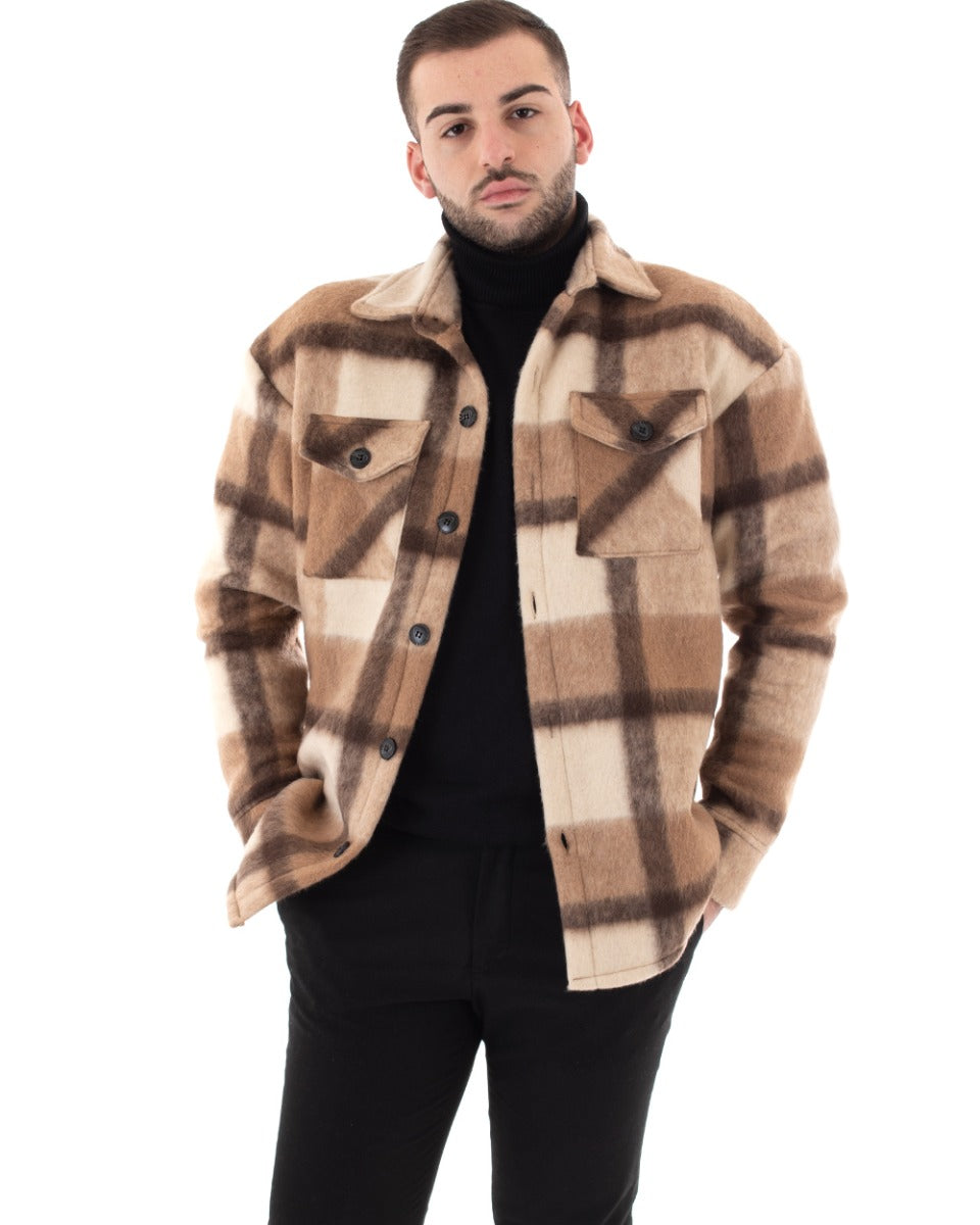 Giubbotto Uomo Camicia Camicione Con Colletto Fantasia Quadri Camel Casual GIOSAL-G2797A