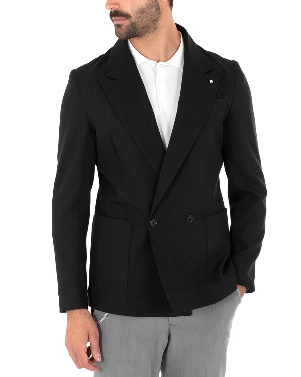 Giacca Doppiopetto Uomo Tinta Unita Nero Reverse Largo Cerimonia Elegante Casual GIOSAL-G2815A