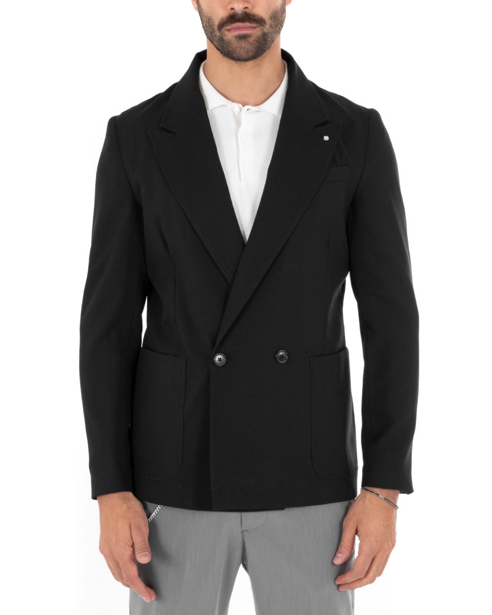 Giacca Doppiopetto Uomo Tinta Unita Nero Reverse Largo Cerimonia Elegante Casual GIOSAL-G2815A