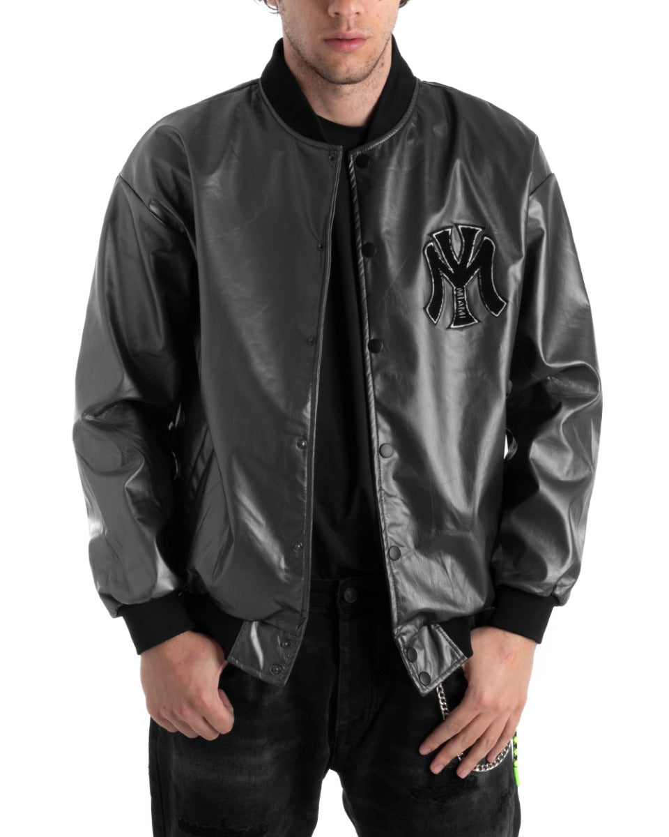 Giubbotto Uomo College Ecopelle Lucido Nero Con Patch Basket Casual GIOSAL-G2822A