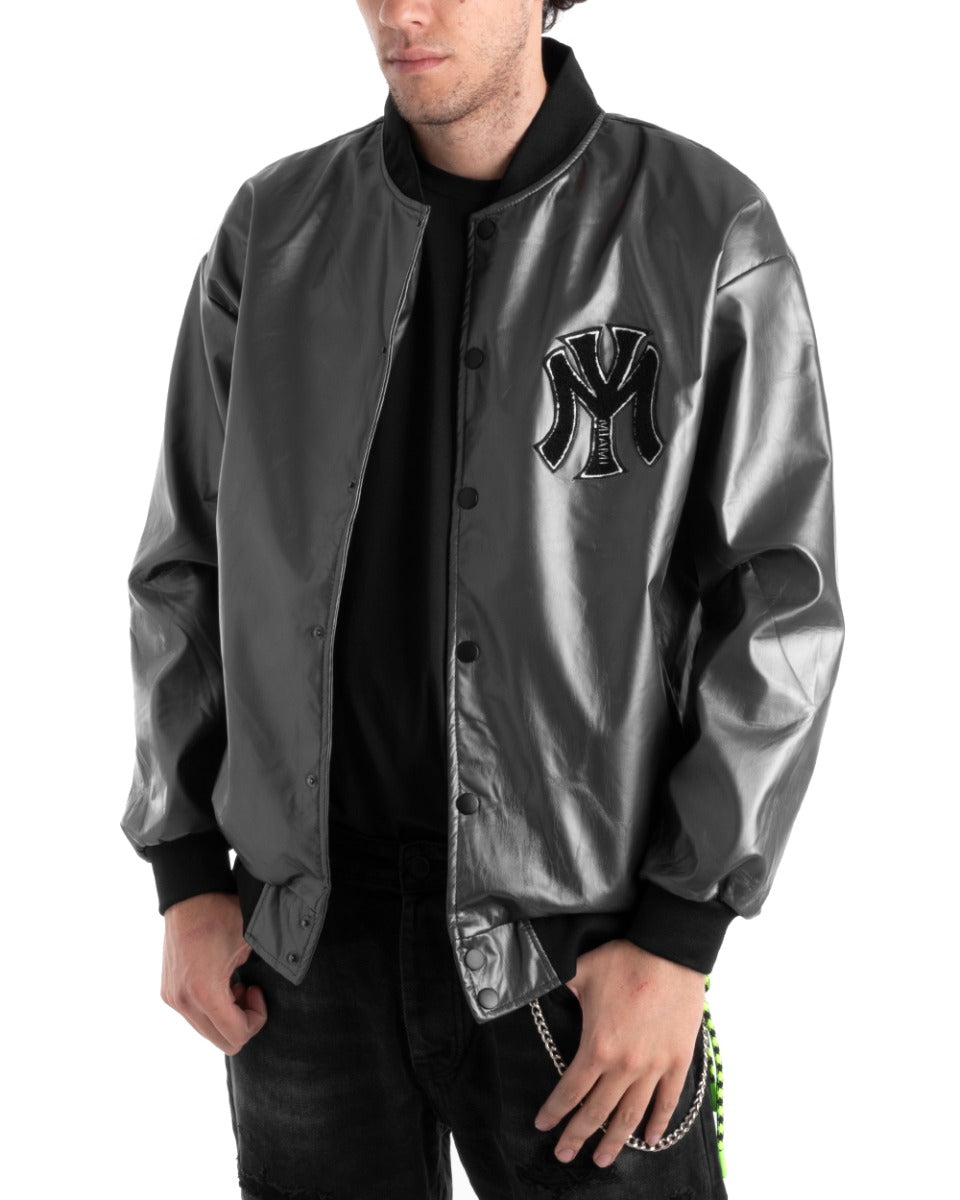 Giubbotto Uomo College Ecopelle Lucido Nero Con Patch Basket Casual GIOSAL-G2822A