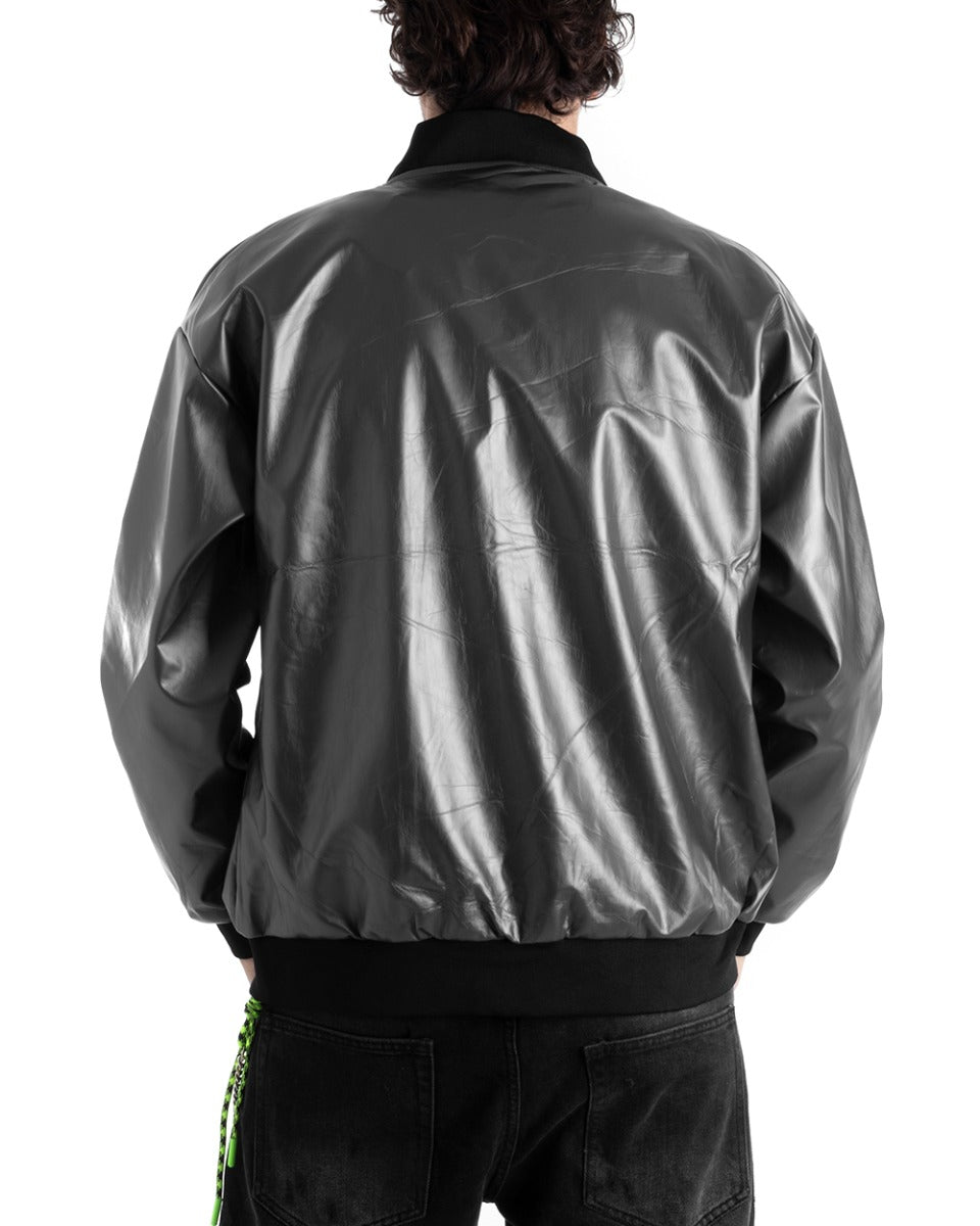 Giubbotto Uomo College Ecopelle Lucido Nero Con Patch Basket Casual GIOSAL-G2822A