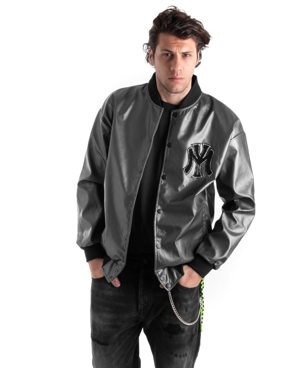 Giubbotto Uomo College Ecopelle Lucido Nero Con Patch Basket Casual GIOSAL-G2822A