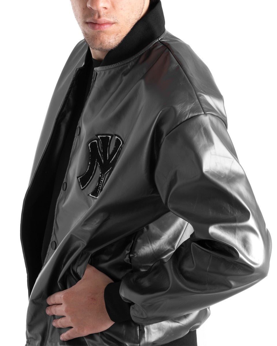 Giubbotto Uomo College Ecopelle Lucido Nero Con Patch Basket Casual GIOSAL-G2822A