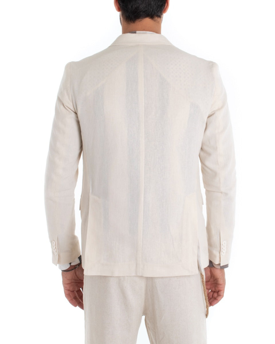 Giacca Uomo Doppiopetto Lino Tinta Unita Beige Colletto Pochette GIOSAL-G2831A