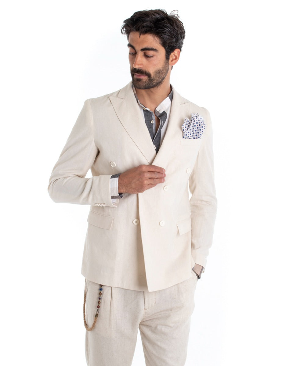 Giacca Uomo Doppiopetto Lino Tinta Unita Beige Colletto Pochette GIOSAL-G2831A
