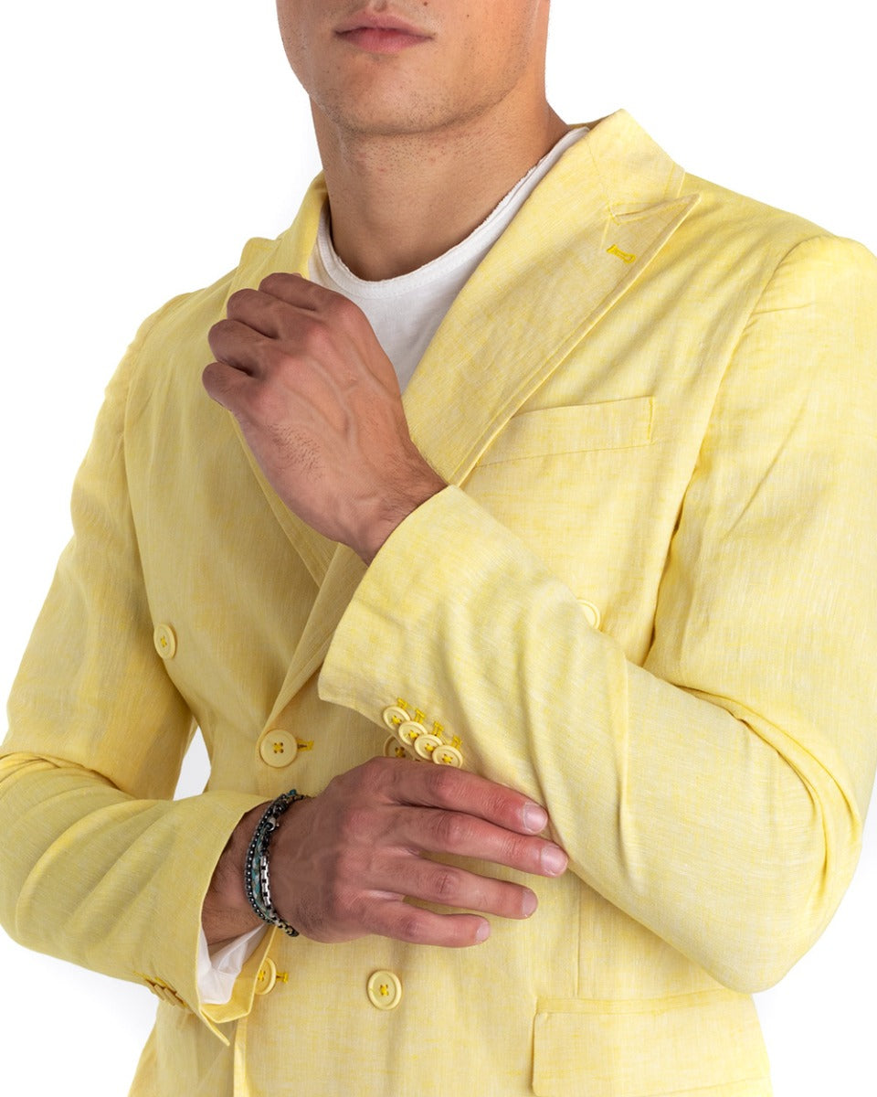 Giacca Uomo Lino Doppiopetto Melangiata Cerimonia Elegante Casual Giallo GIOSAL-G2838A
