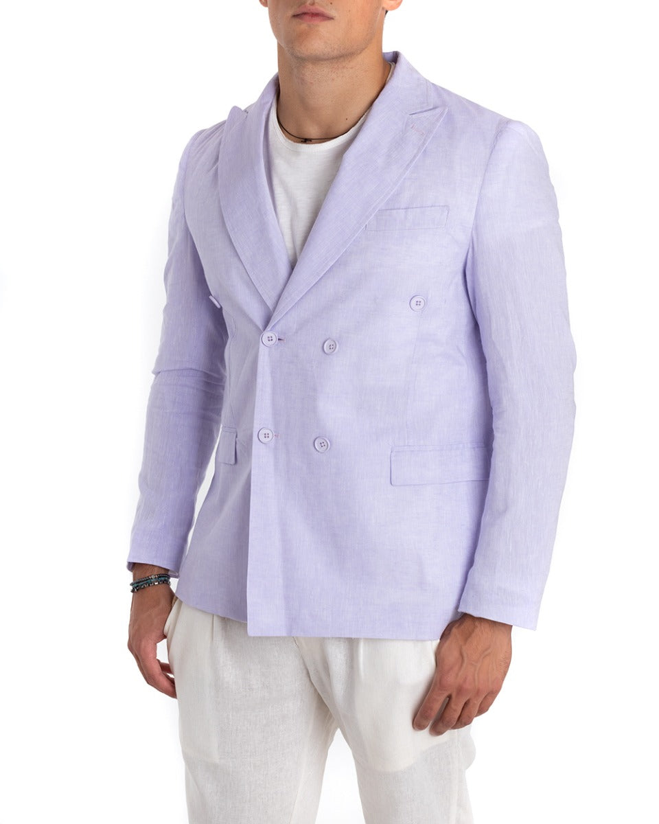 Giacca Uomo Lino Doppiopetto Melangiata Cerimonia Elegante Casual Lilla GIOSAL-G2839A