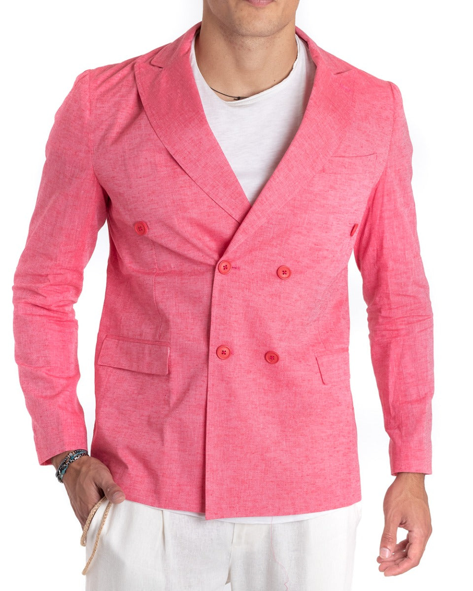 Giacca Uomo Lino Doppiopetto Melangiata Cerimonia Elegante Casual Corallo GIOSAL-G2843A