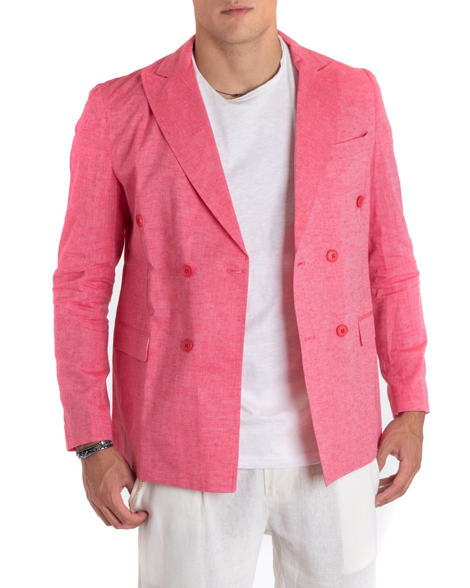 Giacca Uomo Lino Doppiopetto Melangiata Cerimonia Elegante Casual Corallo GIOSAL-G2843A
