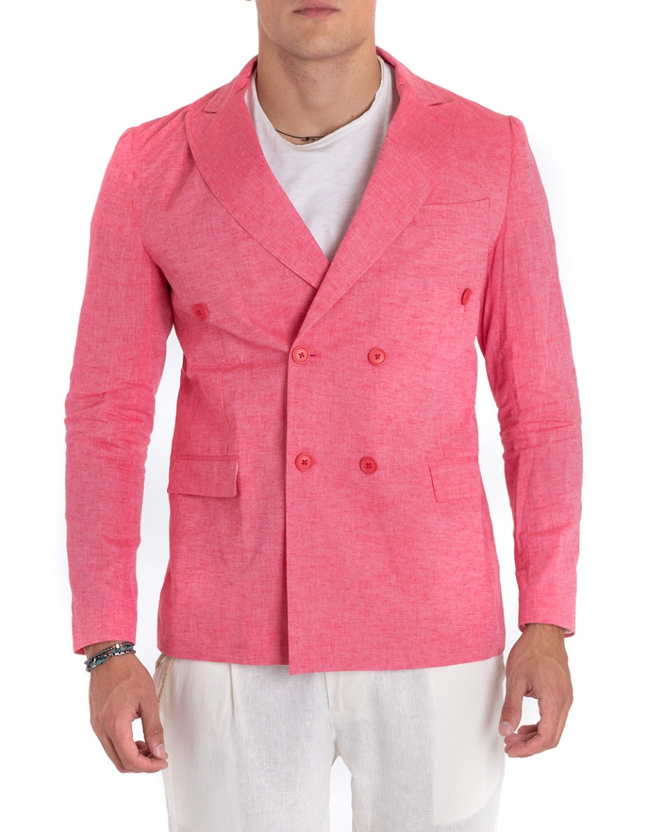 Giacca Uomo Lino Doppiopetto Melangiata Cerimonia Elegante Casual Corallo GIOSAL-G2843A