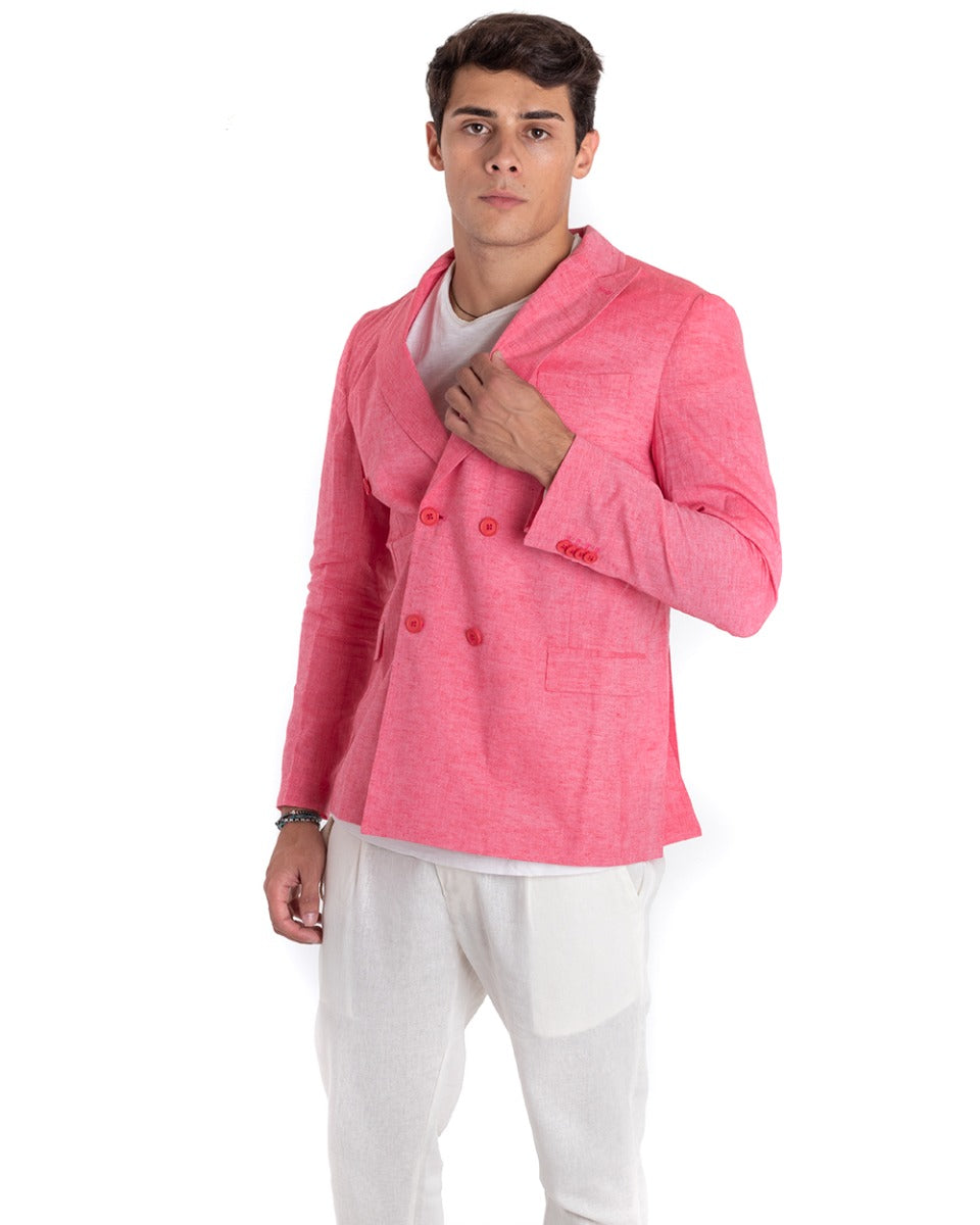 Giacca Uomo Lino Doppiopetto Melangiata Cerimonia Elegante Casual Corallo GIOSAL-G2843A