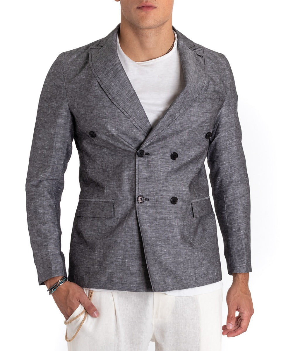 Giacca Uomo Lino Doppiopetto Melangiata Cerimonia Elegante Casual Nero GIOSAL-G2845A