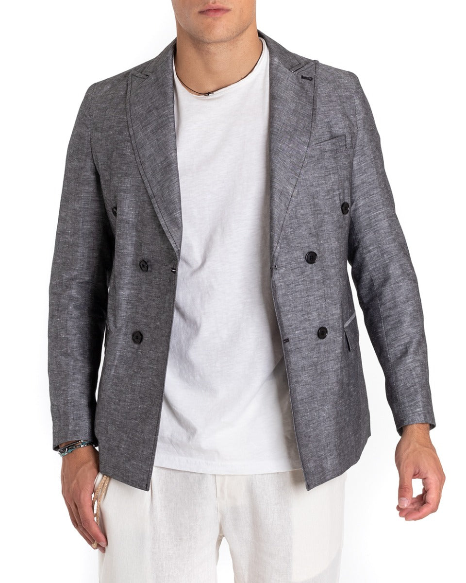 Giacca Uomo Lino Doppiopetto Melangiata Cerimonia Elegante Casual Nero GIOSAL-G2845A