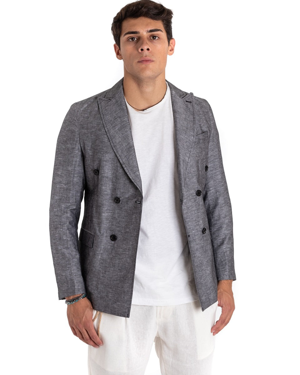 Giacca Uomo Lino Doppiopetto Melangiata Cerimonia Elegante Casual Nero GIOSAL-G2845A