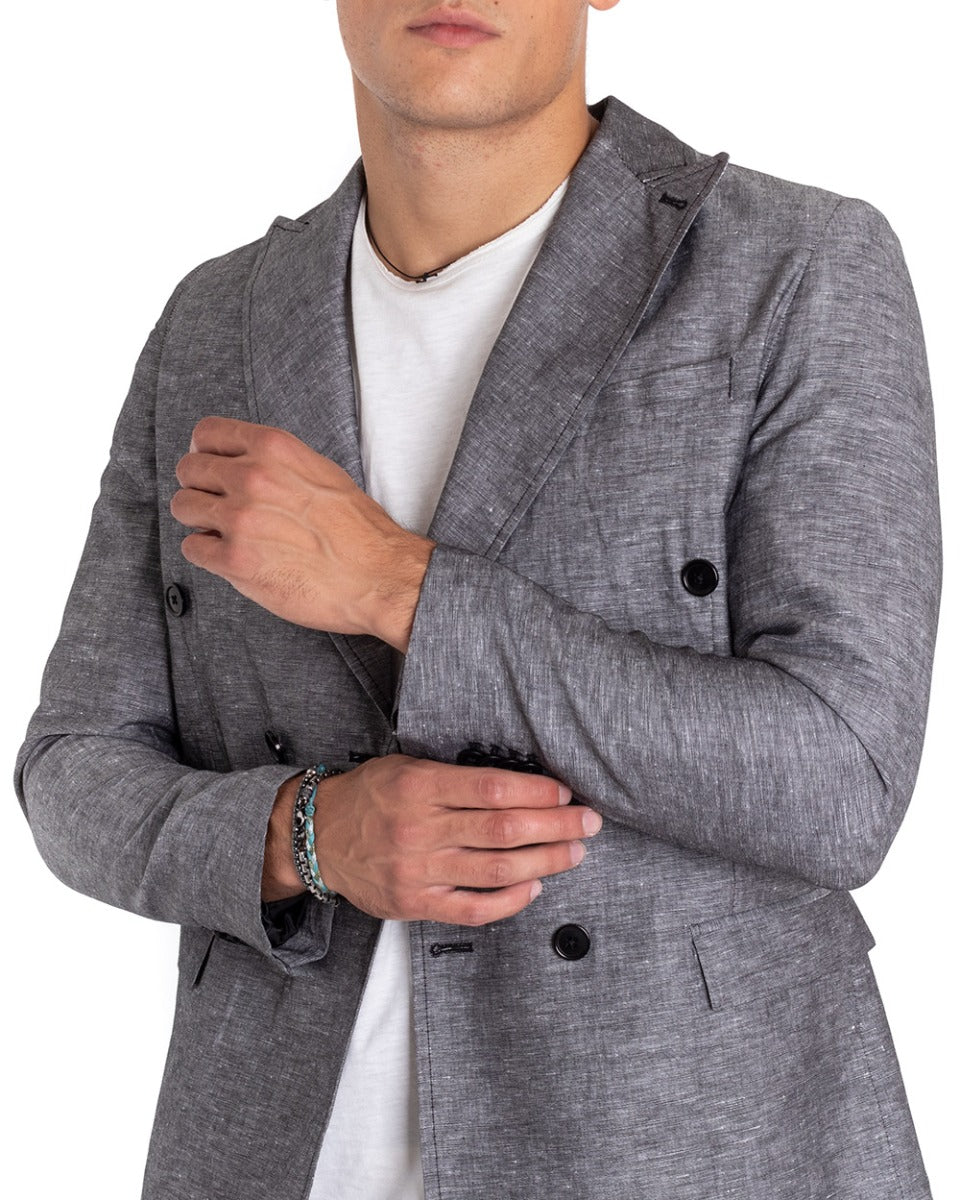 Giacca Uomo Lino Doppiopetto Melangiata Cerimonia Elegante Casual Nero GIOSAL-G2845A