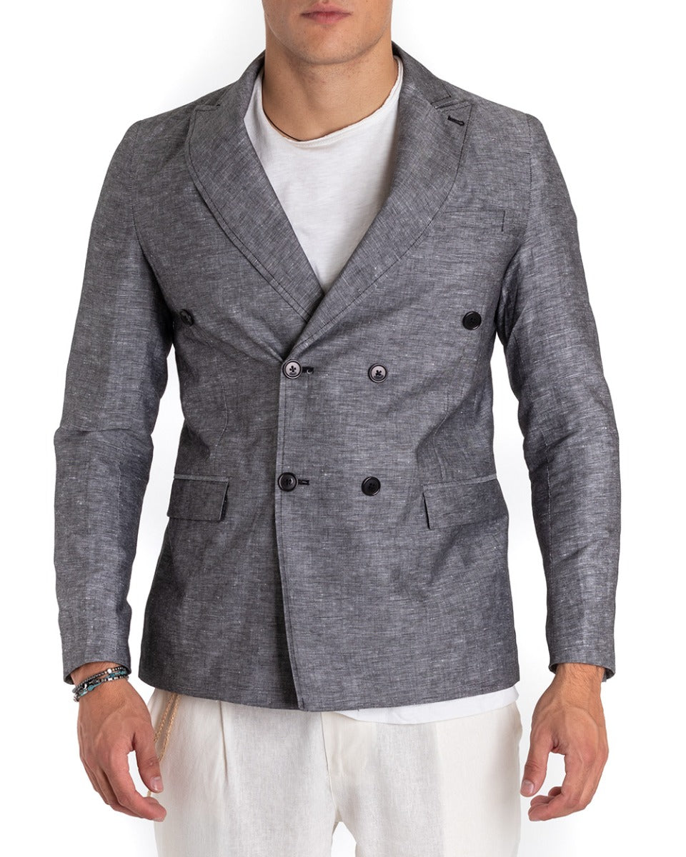 Giacca Uomo Lino Doppiopetto Melangiata Cerimonia Elegante Casual Nero GIOSAL-G2845A