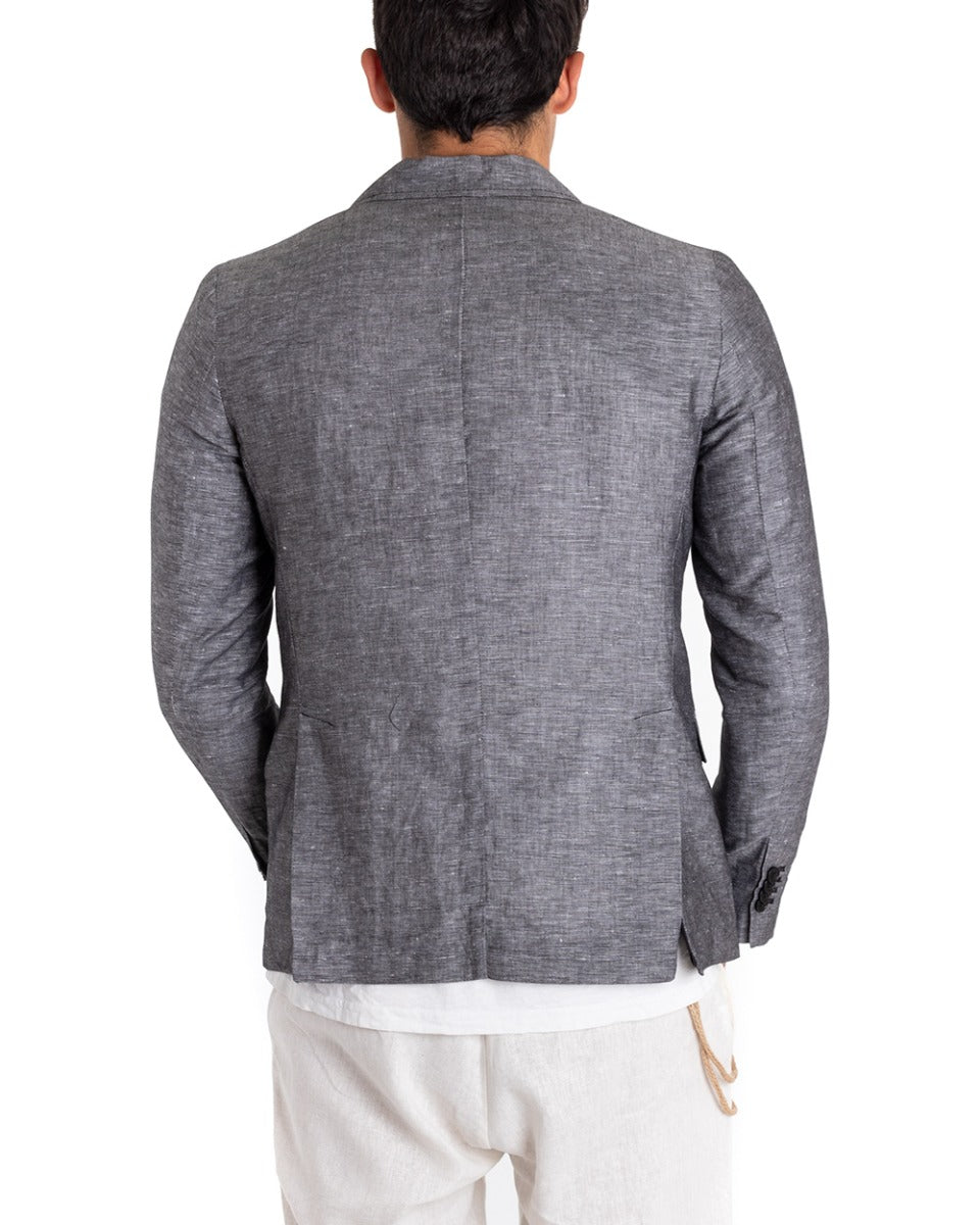 Giacca Uomo Lino Doppiopetto Melangiata Cerimonia Elegante Casual Nero GIOSAL-G2845A