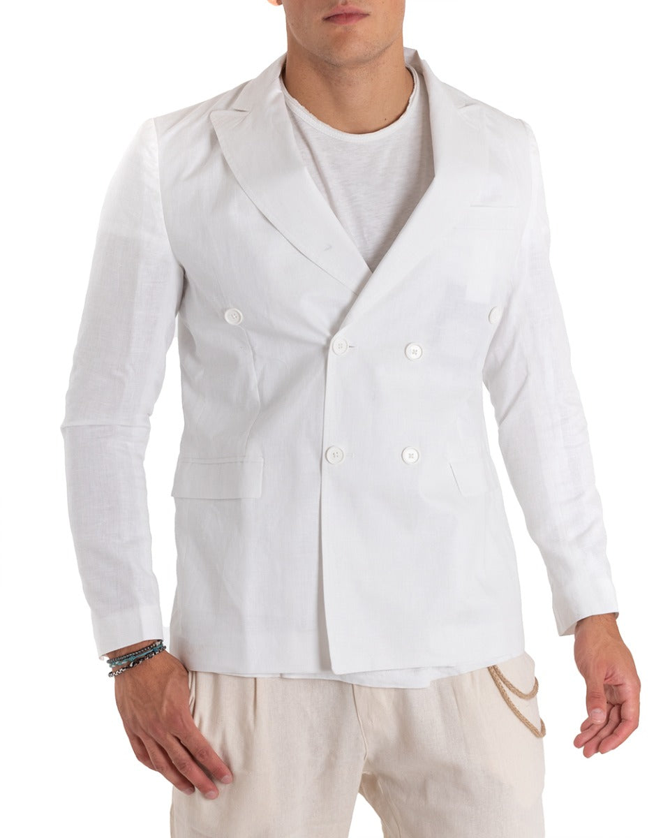 Giacca Uomo Lino Doppiopetto Melangiata Cerimonia Elegante Casual Bianco GIOSAL-G2848A