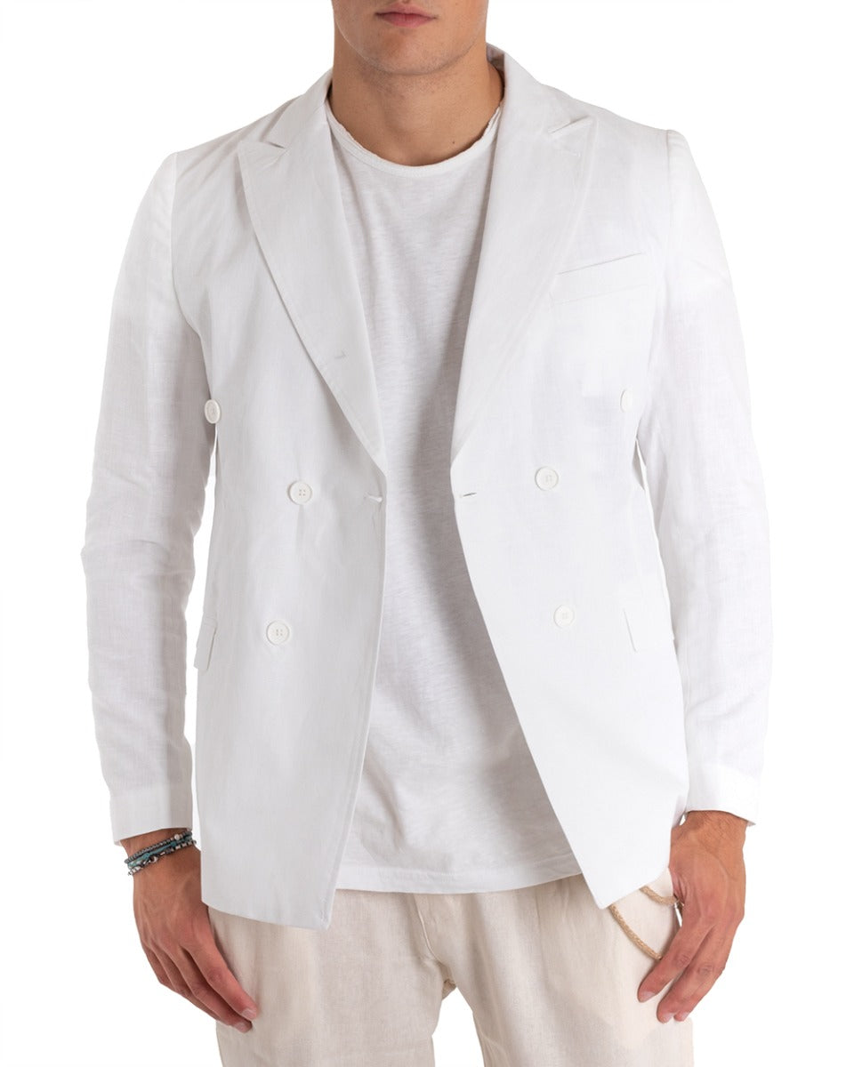 Giacca Uomo Lino Doppiopetto Melangiata Cerimonia Elegante Casual Bianco GIOSAL-G2848A