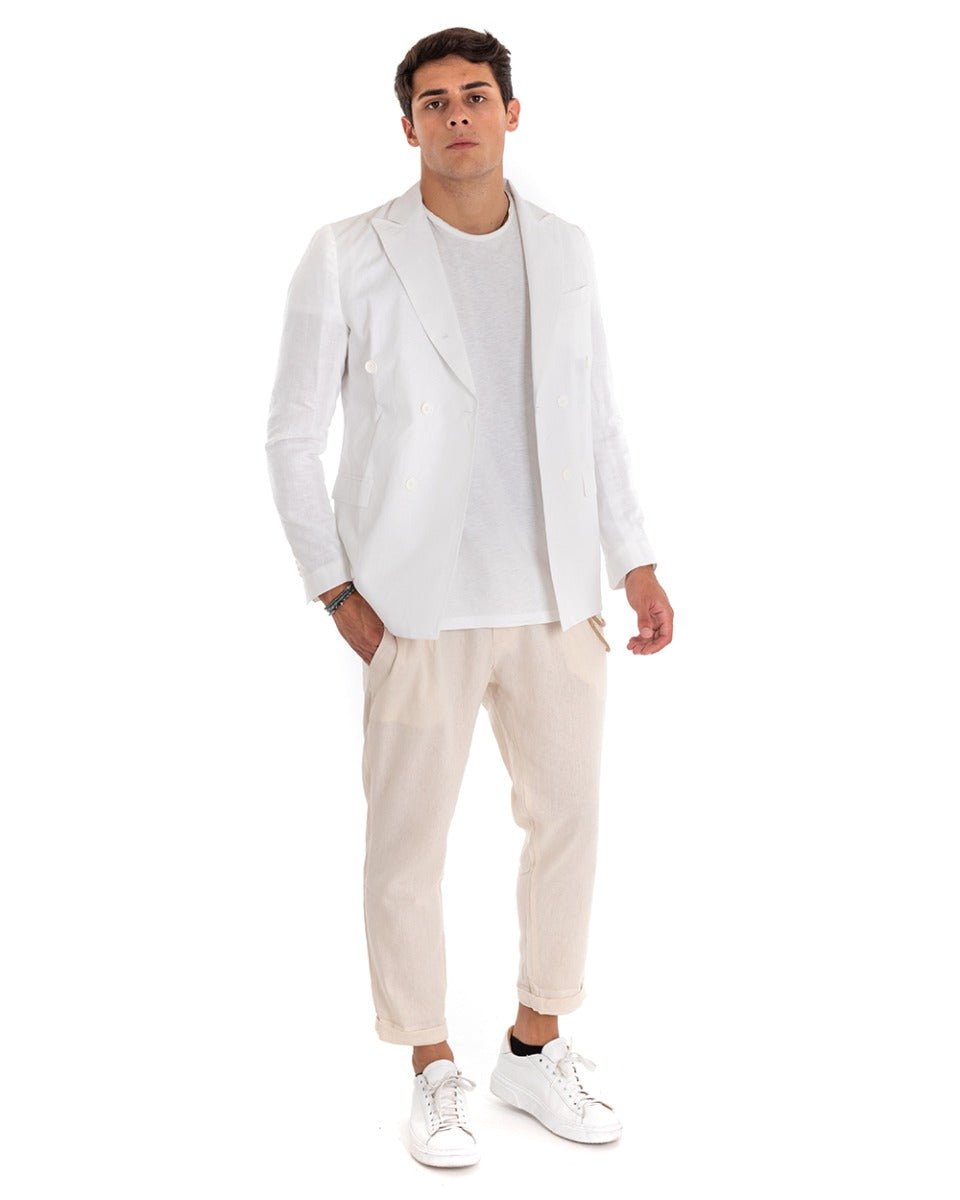 Giacca Uomo Lino Doppiopetto Melangiata Cerimonia Elegante Casual Bianco GIOSAL-G2848A